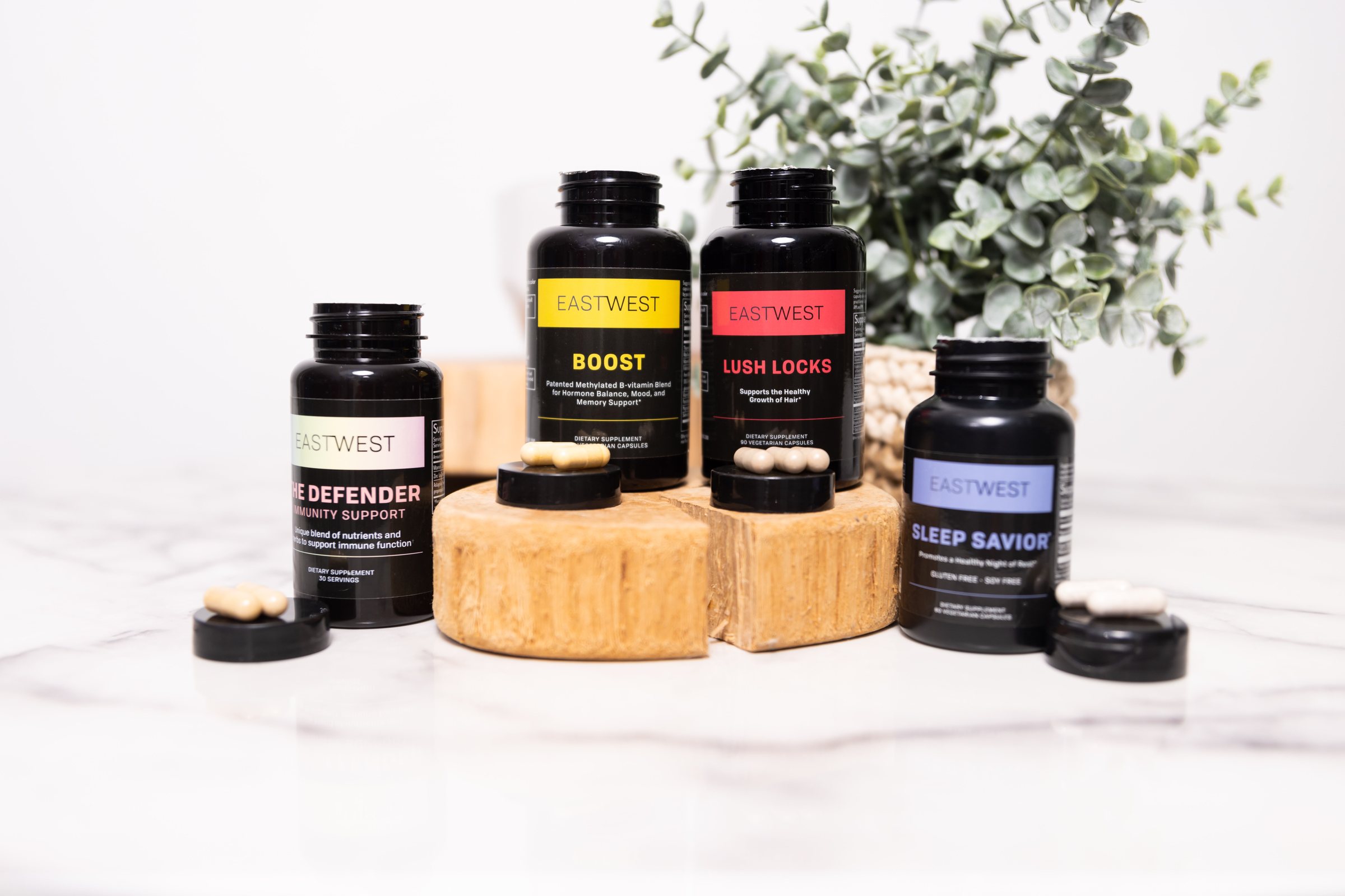 EastWest Boost, Lush Locks, Sleep Savior and Defender supplements